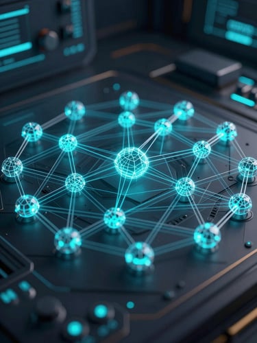 A high-fidelity 3D wireframe of network nodes connected by precise vector lines, glowing electric cyan accents, dark terminal interface style.