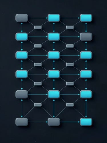 A precise vector schematic of a decentralized network architecture, showing node connections and data packets flowing between layers, styled in electric cyan and muted slate gray on a deep obsidian background.