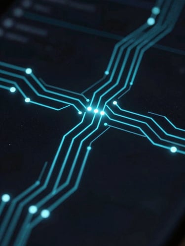 Macro close-up of a complex digital network schematic. Sharp electric cyan vector lines and glowing node points on a deep obsidian background. Low-key, high-contrast digital illumination mimicking a dark-mode IDE interface.