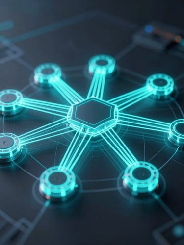 A high-fidelity 3D vector schematic of a network node graph, glowing electric cyan lines on a dark background, macro perspective, blueprint style.
