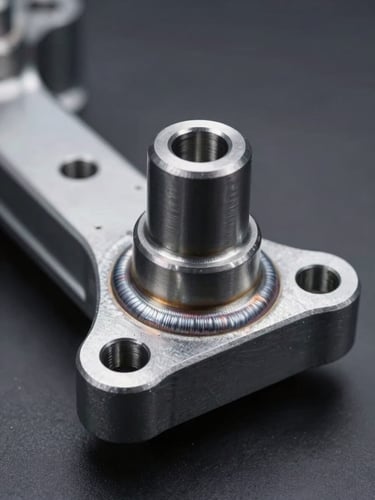 Close-up macro of a finished EV chassis joint under studio strobe lighting, surface finish and weld tolerance clearly visible, steel component isolated on a dark neutral surface, framed from slightly above to reveal the precision of the mating faces, no reflections obscuring detail