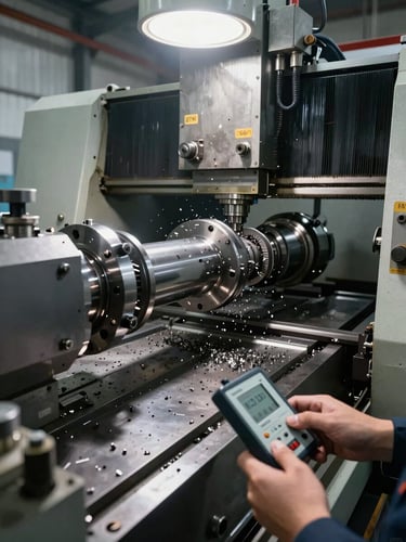 Half-width environmental shot of a CNC turning centre in full operation, metal chips visible mid-air around a rotating workpiece, operator hands adjusting a measuring instrument in the foreground, harsh overhead industrial lighting casting defined shadows across the machine bed, wide framing showing the full machining envelope