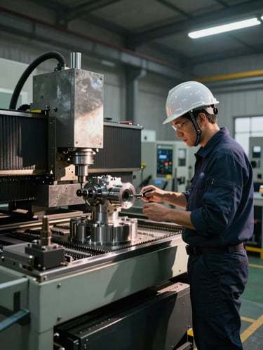 Wide environmental shot of a manufacturing floor, an experienced engineer in a hard hat standing at a CNC machining station reviewing a precision-machined metal component, industrial overhead lighting casting sharp shadows on tooling and equipment in the background, muted steel tones throughout