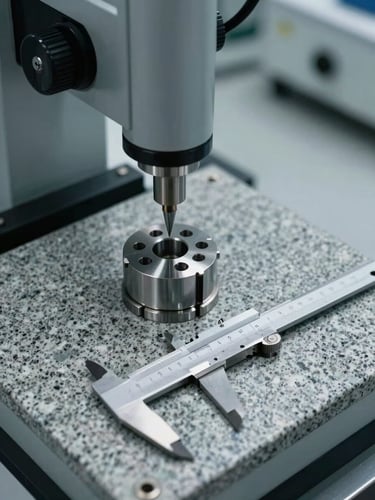 Overhead study of a quality control inspection station, a CMM probe tip positioned above a precision-machined component, Vernier calipers and gauge blocks arranged beside it on a granite surface plate, cool diffuse facility lighting, no people — tools only, emphasising measurement rigor
