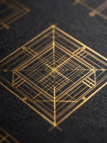 Extreme macro close-up of a technical architectural drawing, gold leaf overlay showing geometric grids, dark charcoal paper, sharp focus.
