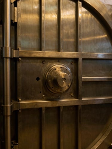 Extreme close-up of a high-security vault door made of brushed dark brass, clean geometric lines, dramatic low-key lighting, 35mm