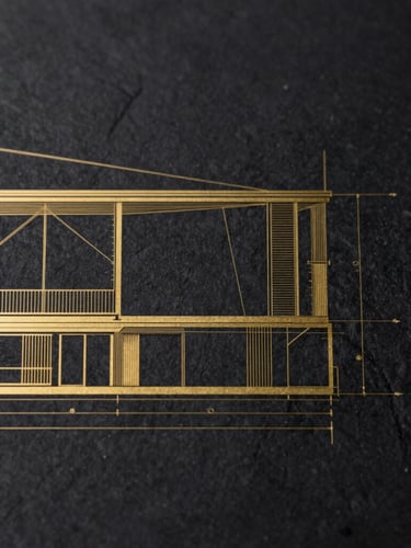 Technical architectural elevation drawing with precise golden geometric lines overlaid, low-key lighting, dark slate background, sharp focus, 35mm