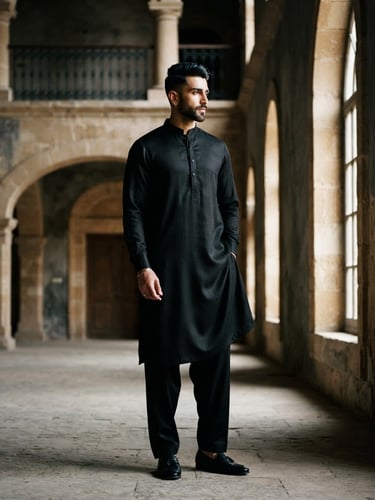 Stylish male model wearing a black shalwar kameez, standing in an architectural space with dramatic side-lighting, full-length editorial pose showing fabric drape, muted charcoal and warm beige tones.