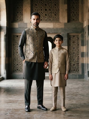 Confident male models, father and son, wearing structured shalwar kameez and gold-accented waistcoats in soft beige and charcoal, standing in an architectural space with natural light, full-length editorial pose, subtle geometric patterns in background.