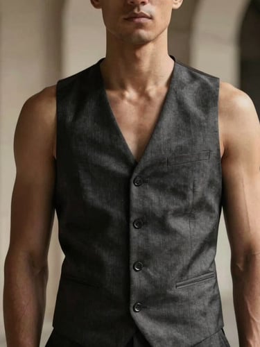 Confidently posed male model wearing a perfectly tailored waistcoat, architectural backdrop, cinematic lighting, close-up on fabric texture and cut, muted tones.