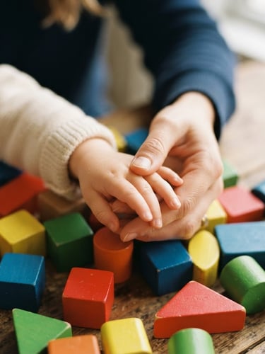 Close-up of a child's hands and an adult's hands gently interlocking over colorful wooden blocks, bright natural daylight, soft focus, authentic emotional connection.