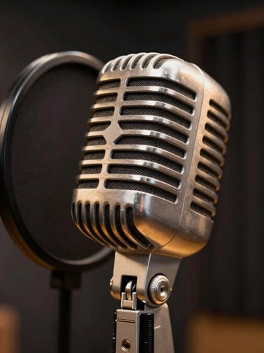 Anamorphic close-up of a high-end vintage microphone in a moody vocal booth, soft gold rim lighting, dark background