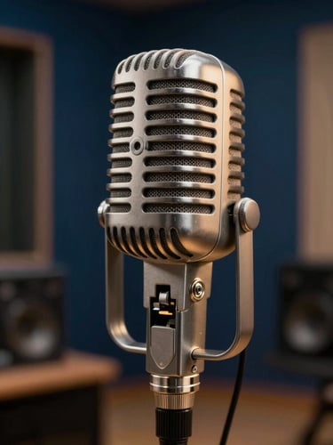 Cinematic close-up of a vintage tube microphone in a moody recording booth, soft gold rim lighting, deep blue shadows, professional studio environment.