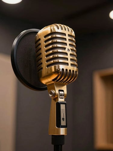 Low-angle cinematic shot of a vintage gold-accented microphone in a custom-lit vocal booth, warm rim lighting, dark background