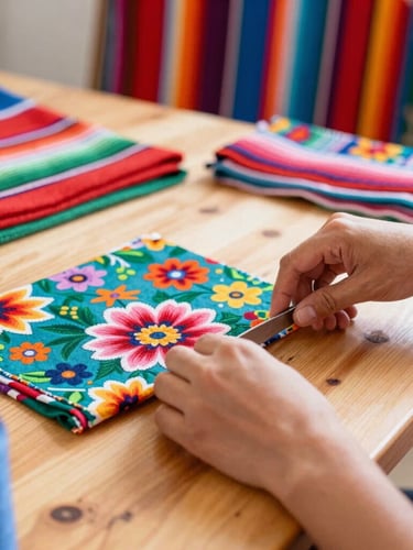 Close-up of hands carefully cutting colorful floral fabric on a clean wooden table in a brightly lit sewing workshop, vibrant Mexican textiles visible in the background.