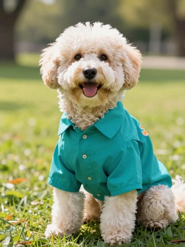A cheerful fluffy dog wearing a vibrant custom-fit teal Mexican shirt, sitting happily in a sunny park, bright natural daylight, eye-level portrait
