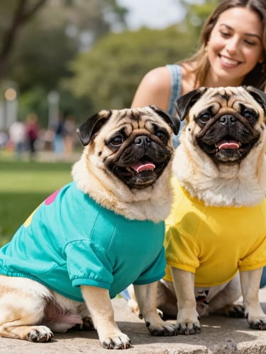 Vibrant lifestyle portrait of a happy pug wearing a colorful custom-fit teal shirt, sitting next to its smiling owner in a sunny park in Mexico, bright natural daylight.
