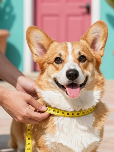 Close-up of hands gently measuring a happy corgi with a yellow tape measure, bright natural sunlight, colorful Mexican patio background, lifestyle pet photography