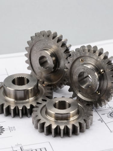 Crisp studio photography of heavy-duty metallic gears resting on a technical blueprint, bright natural light, sharp focus, metallic reflections.