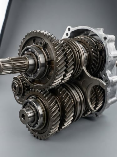 Crisp product photography of a metallic transmission gear set, clean studio lighting, high-contrast reflections, neutral gray background, sharp focus, 50mm lens
