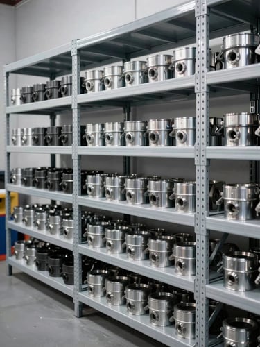Crisp wide-angle shot of organized warehouse shelving stacked with heavy-duty metallic automotive parts, bright natural light, sharp focus, 50mm lens