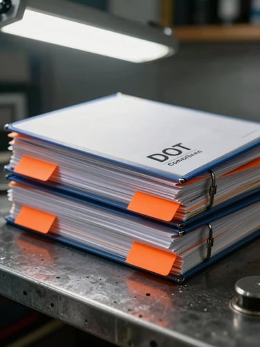 Tight macro shot of an organized DOT compliance binder with safety orange tabs on a metal workbench, harsh overhead garage lighting.