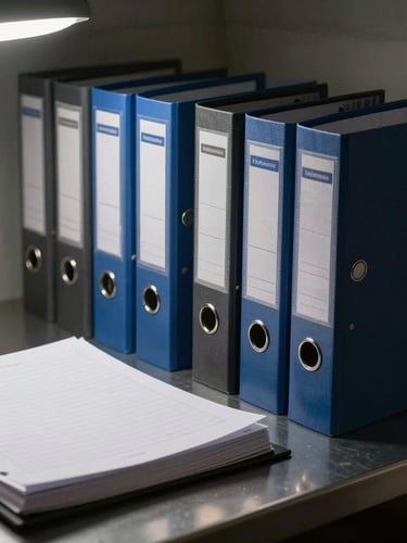Close-up of organized compliance binders and physical logbooks on a metal desk under harsh overhead garage lighting, high contrast.