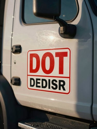 Tight macro shot of a truck cab door with official DOT decals in early morning light, high contrast, deep shadows.