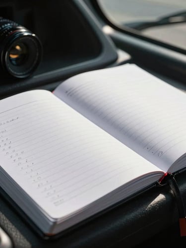 A tight macro shot of a physical paper logbook resting on a truck dashboard, harsh natural daylight streaming through the windshield, high contrast, sharp focus on the handwritten logs.