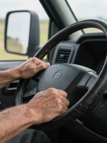 A close-up macro shot of a weathered truck driver's hands resting on a heavy steering wheel, natural daylight streaming through the side window.