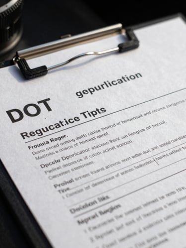 Tight macro shot of a driver qualification folder with official DOT regulatory paperwork, natural high-contrast daylight.