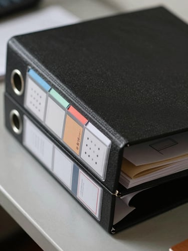 Macro shot of an organized black DOT compliance binder with labeled tabs on a metal desk under natural daylight.