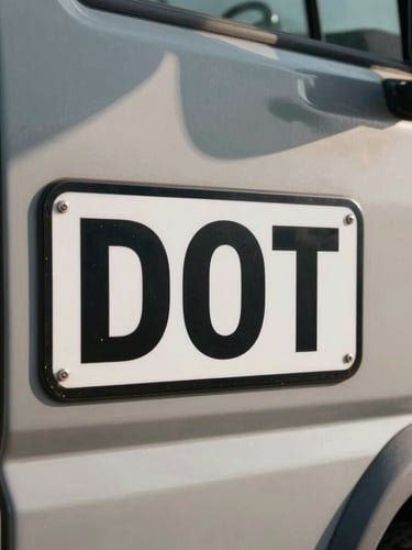 Close-up of an official DOT registration decal on a matte-finished truck cab door, morning light