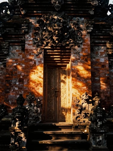 Chiaroscuro portrait of stone temple architecture in Ubud, warm golden light piercing through dark shadows, 35mm film grain, moody atmosphere