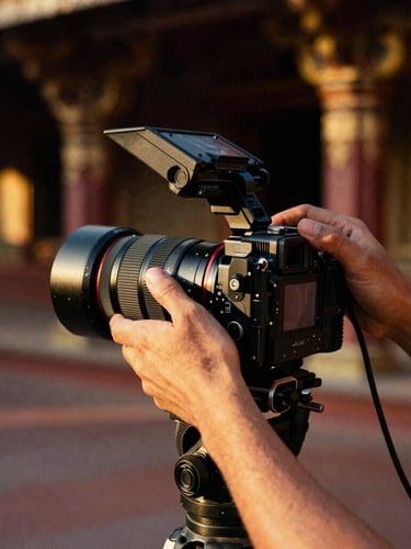 Behind-the-scenes hands adjusting a camera lens in a moody temple setting, warm golden-hour light, 35mm film grain