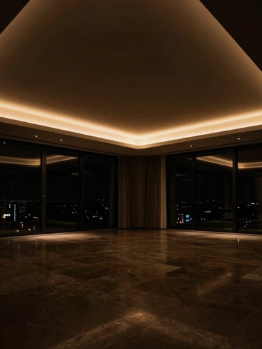 Sleek editorial photograph of a luxury penthouse interior, dramatic high-contrast lighting, warm amber tones, photorealistic 35mm