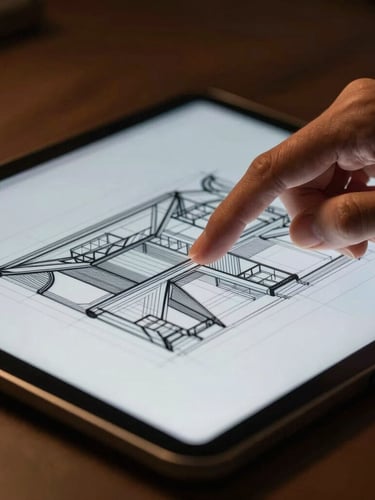 Macro shot of a designer hands interacting with a tablet displaying complex architectural wireframes, warm ambient studio lighting, high-contrast shadows.