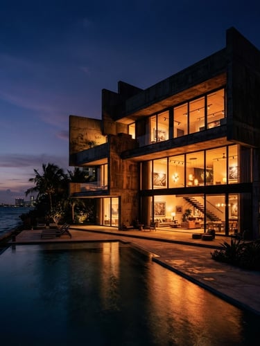Sleek architectural rendering of a brutalist luxury villa in Miami at dusk, dramatic warm interior glow, deep obsidian shadows, photorealistic 35mm wide-angle perspective.