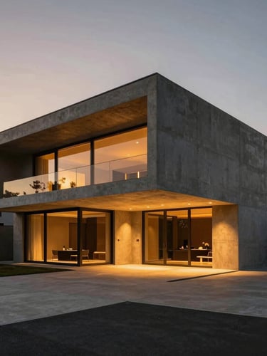 Wide-angle architectural perspective of a modern concrete villa at golden hour, dramatic high-contrast lighting, warm amber interior glow, photorealistic 35mm