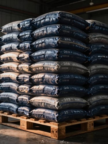 Stacked pallets of 25kg salt bags in a clean, high-ceiling warehouse, industrial editorial photography, dramatic side-lighting, deep slate tones.