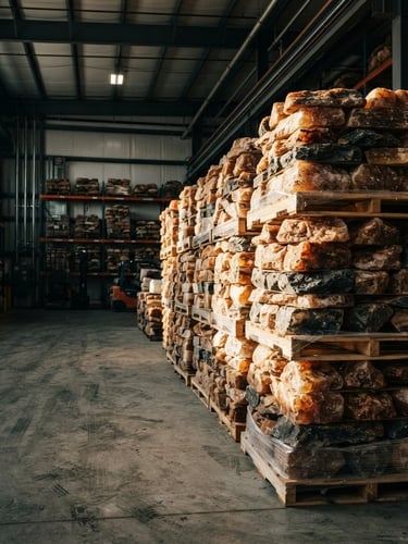 Wide shot of stacked pallets of large, rugged mineral salt licks in a clean, industrial warehouse, dramatic side-lighting emphasizing texture, deep slate and warm amber tones, 35mm lens.