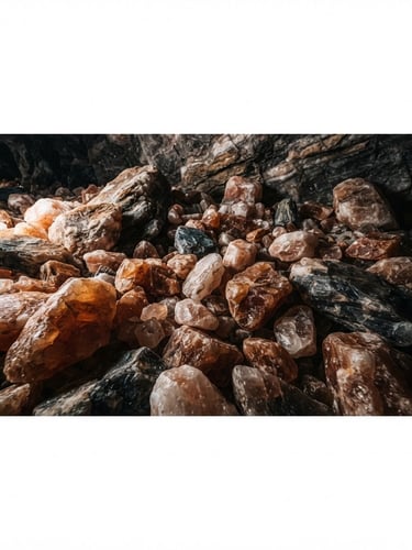 Wide panoramic shot of raw Himalayan salt crystals, dramatic side-lighting emphasizing crystalline geometry, deep slate and warm amber tones, 35mm lens, expansive mineral textures.