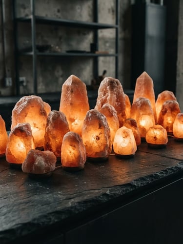Wide shot of a cluster of glowing Himalayan salt lamps on a dark slate surface, dramatic side-lighting emphasizing crystalline texture, warm internal illumination, minimalist interior, industrial editorial photography.