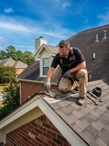  roof repair specialist inspecting a damaged roof seam on a residential home