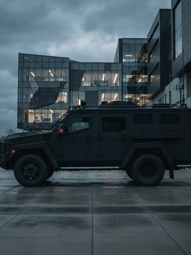 Sleek, dark armored security vehicle, side profile, parked in front of a modern corporate building at dusk, cool overcast daylight, desaturated slate and charcoal tones, sharp focus, 35mm lens.