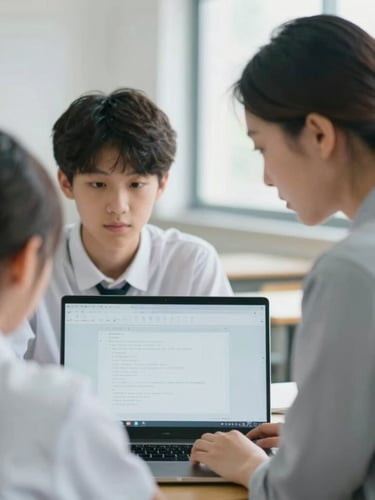 Over-the-shoulder shot of a high school teacher and student looking at a laptop screen together, soft natural light, cool tones, shallow depth of field