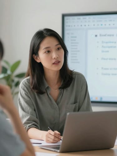 A teacher leading a collaborative workshop with educators, soft natural light, focused expressions, looking at a shared screen showing lesson plans.