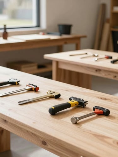 Bright natural daylight shot of a modern Australian local workshop, timber benches, clean tools arranged neatly, soft shadows, 35mm editorial photography.