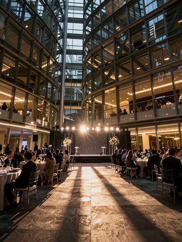 Wide cinematic low-angle tracking shot of a sophisticated corporate gala, dramatic high-contrast stage lighting casting long shadows, sharp focus on structural glass architecture of the venue, ambient golden glow.