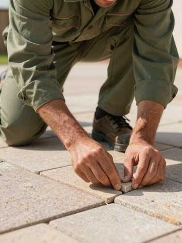 A friendly professional gardener in clean olive green workwear laying light-colored paving stones on a sunny residential terrace, close-up on hands aligning a stone joint, warm natural daylight, authentic craft focus.